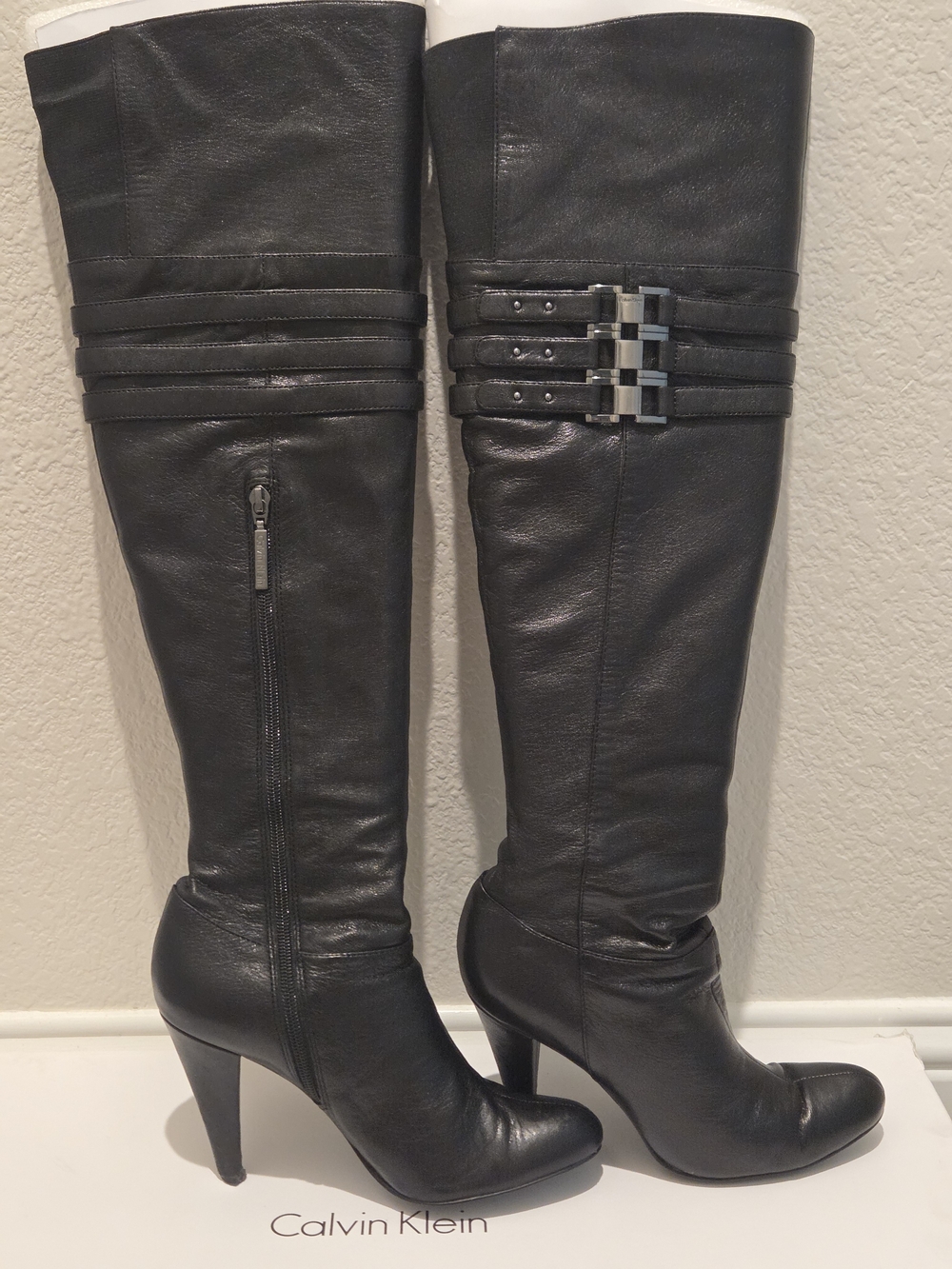 Calvin Klein Black Leather Knee-High Heeled Boots Size 7.5